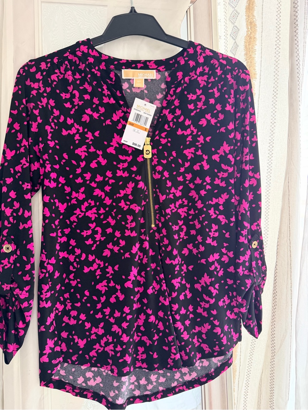 MICHAEL Michael Kors Black Blouse with Hot Pink Floral Print and Zip Front